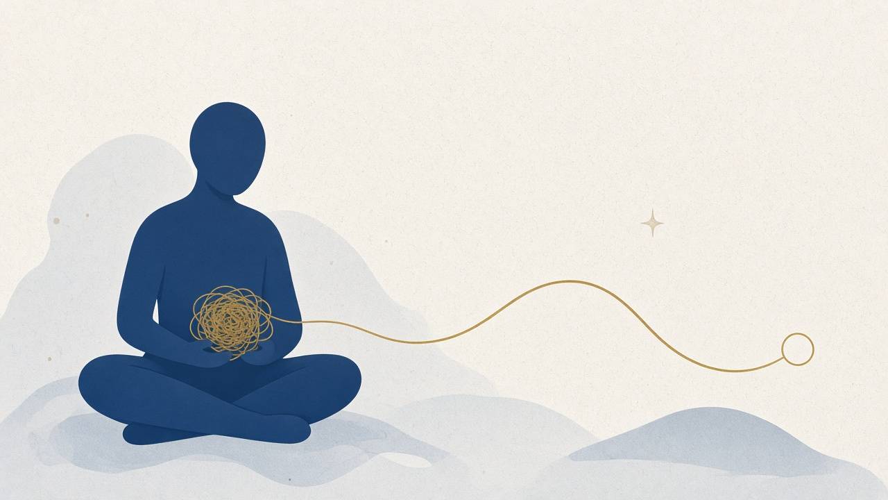 Illustration of a calm person untangling a knot of thread into a smooth gold line, representing the journey through anxiety therapy