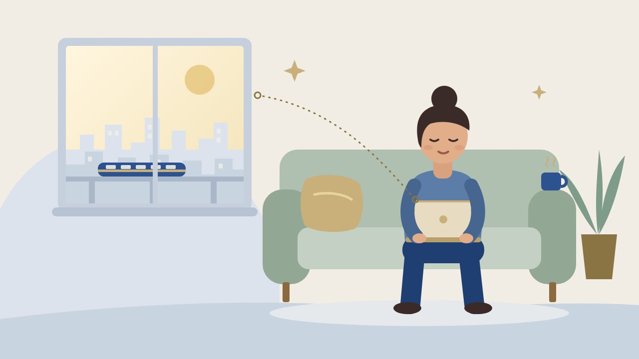 Illustration of a person relaxing on a sofa at home during a video session, with a city skyline and metro line outside the window