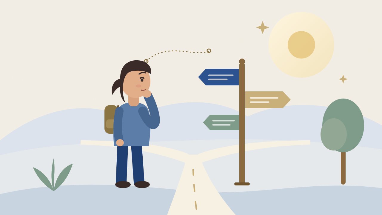 Flat illustration of a person with a backpack standing where a road splits in two, hand on chin, looking up at a signpost with arrows pointing different ways, with soft hills, a tree and the sun behind