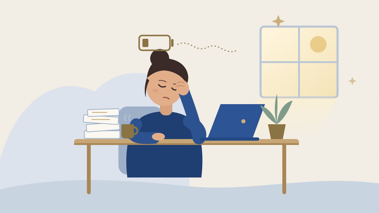 Flat illustration of a tired woman at her desk with eyes closed, resting her head on her hand beside a laptop, a coffee mug, a pile of papers and a low battery icon, with a plant and a softly lit window nearby
